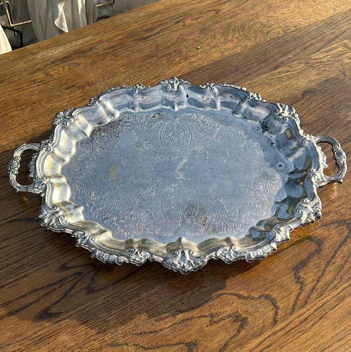 LARGE FOOTED OVAL SILVER PLATE TRAY WITH HANDLES