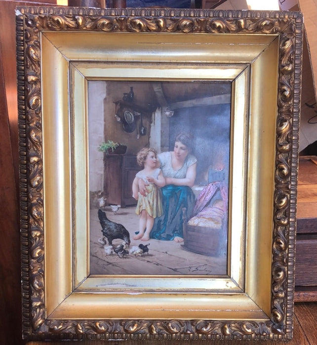 FRAMED SIGNED PAINTING ON PORCELAIN OF WOMAN AND GIRL