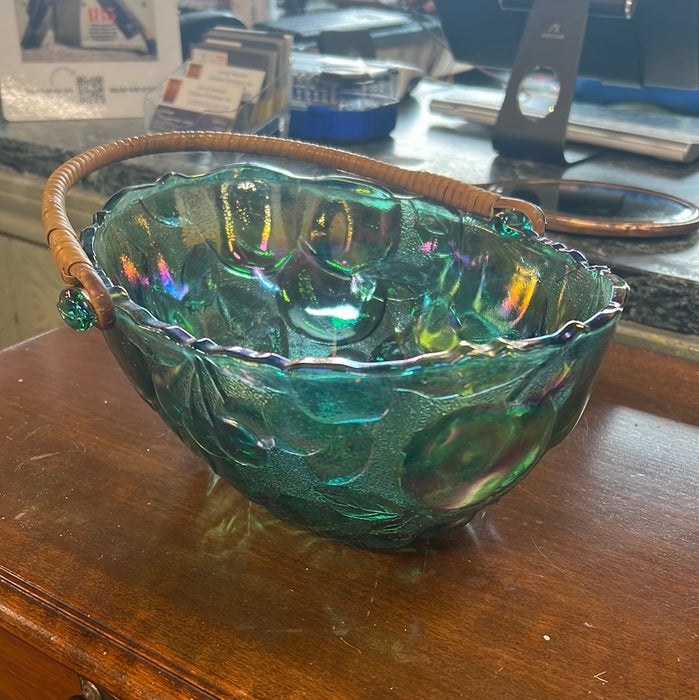 OVAL CARNIVAL GLASS BOWL WITH RATTAN HANDLE