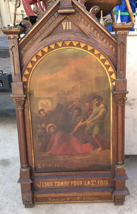 7TH STATION OF THE CROSS-OIL ON METAL IN WOOD FRAME