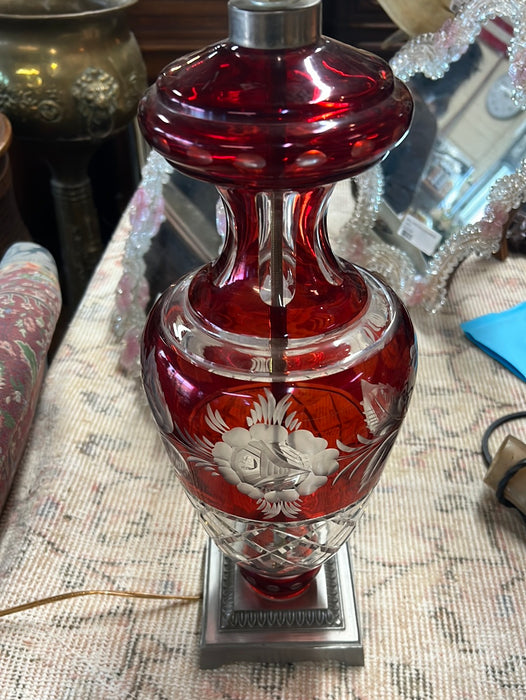 BOHEMIAN CUT TO CLEAR CRANBERRY LAMP