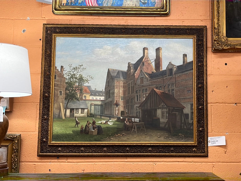 ALBERT DE KEYSER 1827-1896 BELGIAN OIL PAINTING ON CANVAS OF EUROPEAN COURTYARD