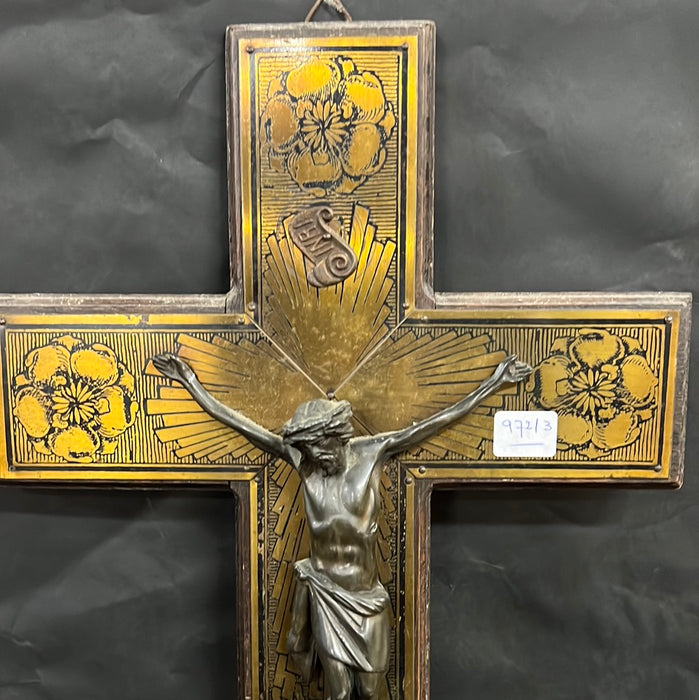 WOOD AND ENGRAVED BRASS WALL CRUCIFIX