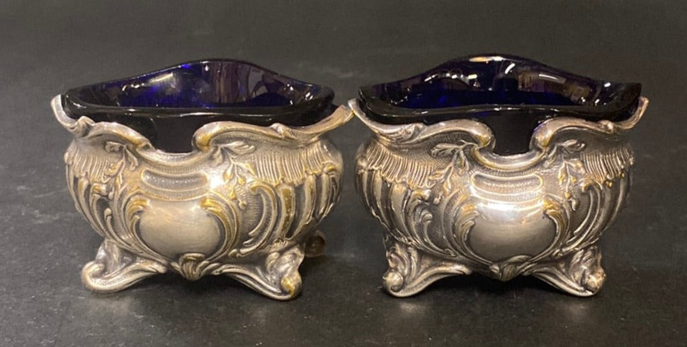 PAIR OF COBALT AND SILVERPLATE OPEN SALTS