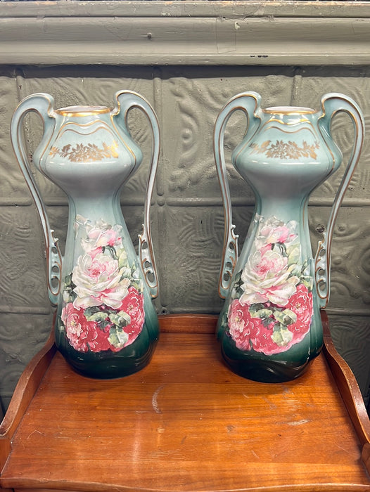 PAIR OF AUSTRIAN NOUVEAU GREEN VASES WITH ROSES