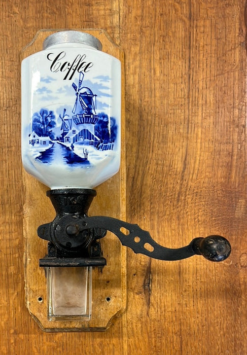 DELFT BLUE AND WHITE WITH WINDMILL WALL COFFEE GRINDER - AS FOUND