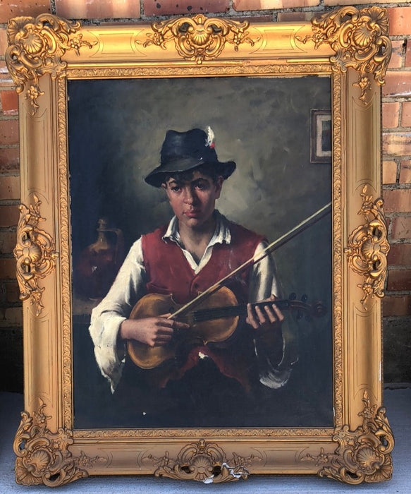 VIOLINIST OIL PAINTING ON CANVAS AS FOUND