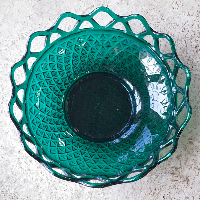 EMERALD GREEN GLASS OPEN BASKET WEAVE STYLE SERVING BOWL