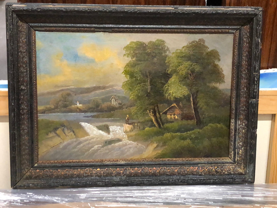 SMALL FRAMED EUROPEAN OIL PAINTING OF RIVER WITH WATERFALL