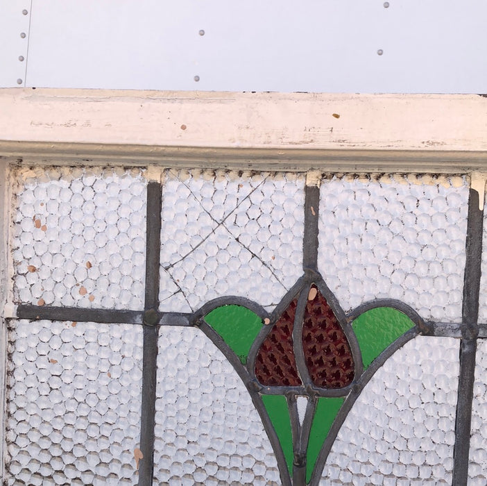 STAINED GLASS WINDOW WITH RED FLOWER AND GREEN LEAVES - AS FOUND