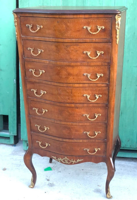 INLAID MAHOGANY BOW FRONT SEMAINIER WITH ORMOLU