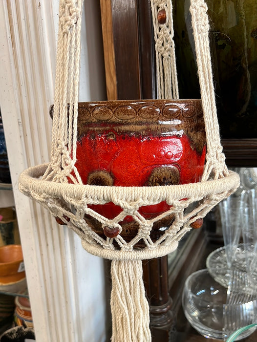 BROWN AND CORAL RED GERMAN PLANTER IN MACRAME HANGER