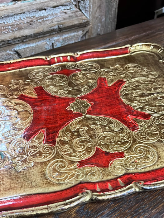 LARGE RED AND GOLD FLORENTINE TRAY