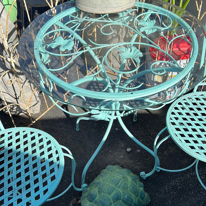 3 PIECE SET OF BLUE IRON TABLE AND 2 CHAIRS