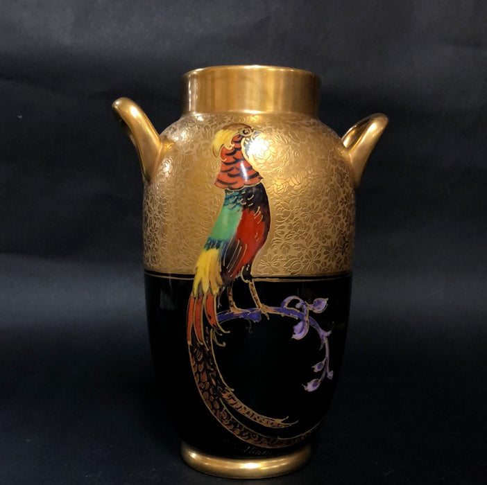 SMALL GOLD AND BLACK HANDPAINTED WITH GOLDEN PHEASANT PICKARD VASE