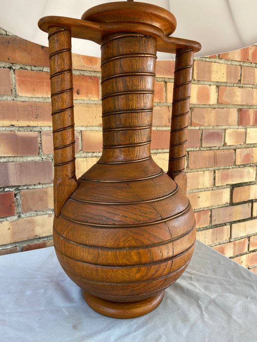 WOOD TURNED LAMP WITH BRASS WIRE - AS IS