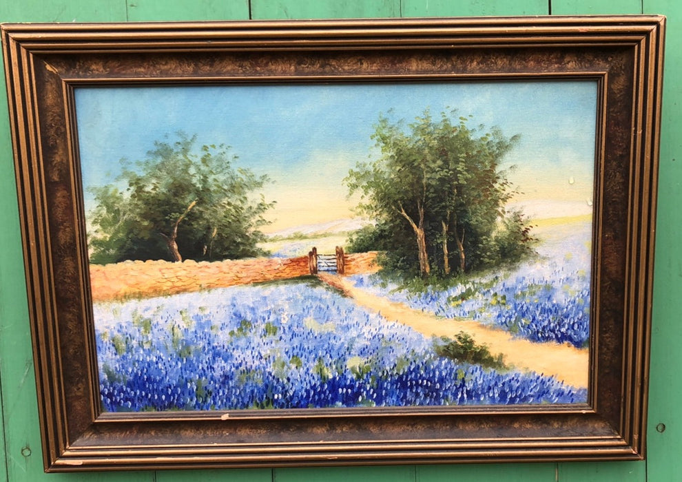 SMALL UNSIGNED BLUEBONNETS AND A FENCE OIL PAINTING UNSIGNED