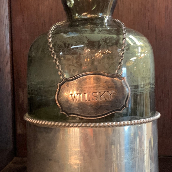 GREEN WHISKEY BOTTLE WITH SILVER LABLE