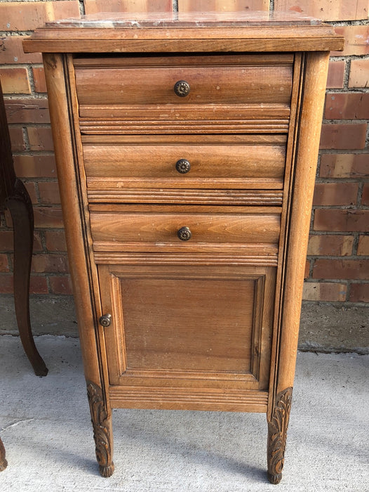 TALL OAK MARBLE TOP STAND WITH 3 UPPER DRAWERS