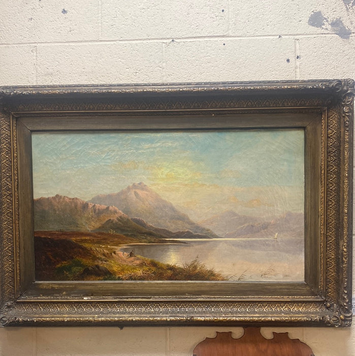 LARGE SIGNED LESLIE HORIZONTAL LANDSCAPE OF MAN FISHING OIL PAINTING ON CANVAS