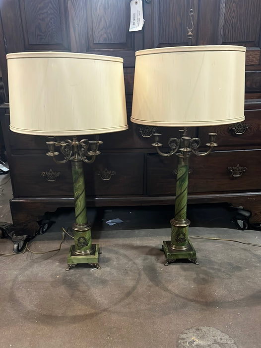 PAIR OF TALL FRENCH STYLE FAUX GREEN MARBLE AND BRONZE LAMPS