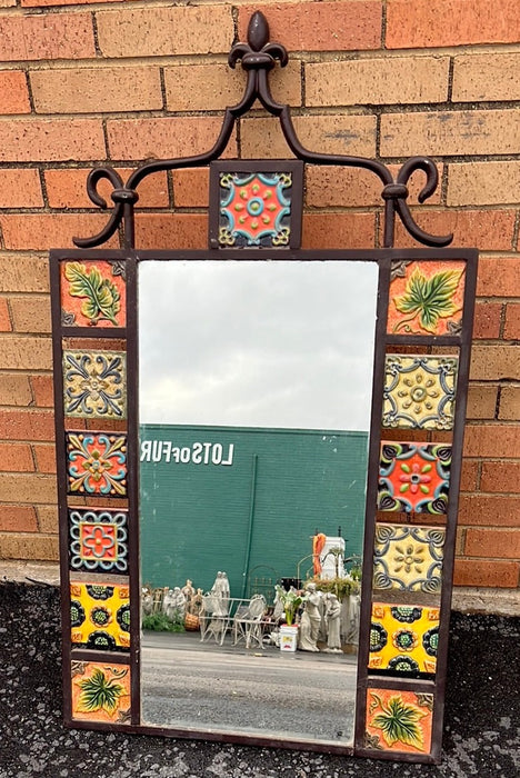 CAST IRON MIRROR WITH COLORFUL GLAZED TERRA COTTA TILES