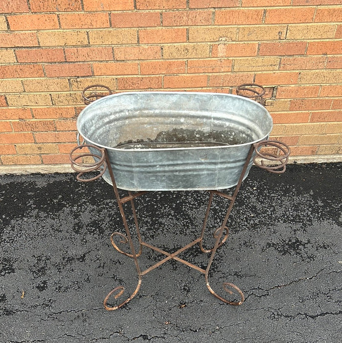 TIN AND IRON BEER COOLER OR PLANTER WITH STAND