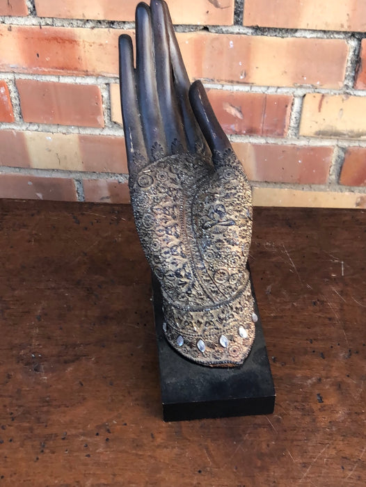 INDIAN WOOD WITH BRASS OVERLAY  HAND