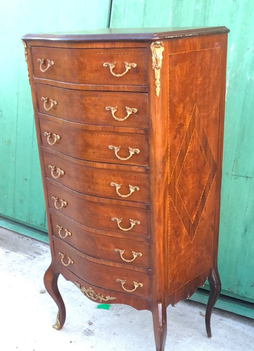 INLAID MAHOGANY BOW FRONT SEMAINIER WITH ORMOLU