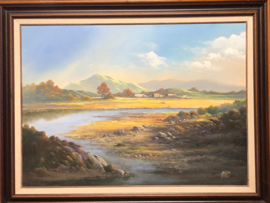 LARGE LANDSCAPE OIL PAINTING WITH MOUNTAINS AND A RIVER BY JERRY ARNELL