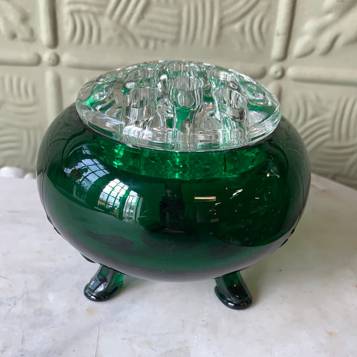 EMERALD GREEN GLASS LOW VASE WITH FLOWER FROG