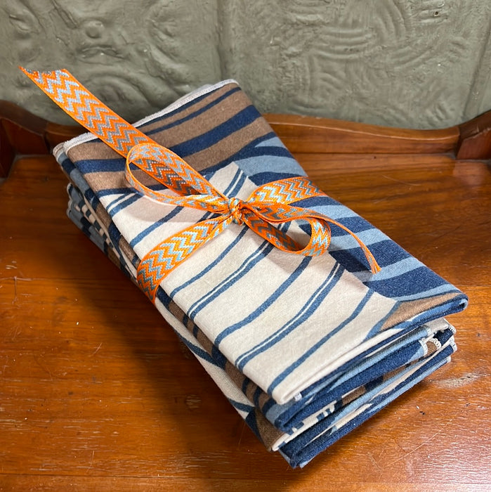 SET OF 8 BLUE BROWN AND WHITE STRIPED NAPKINS