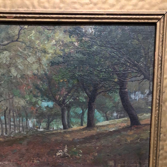 SMALL PRIMITIVE SYLVAN LANDSCAPE OIL PAINTING IN GOLD FRAME