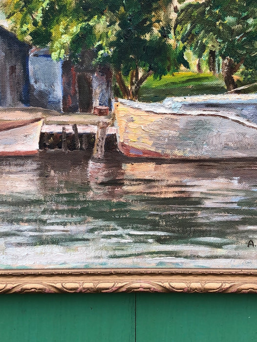 SMALL OIL PAINTING OF BOATS IN A TROPICAL SETTING