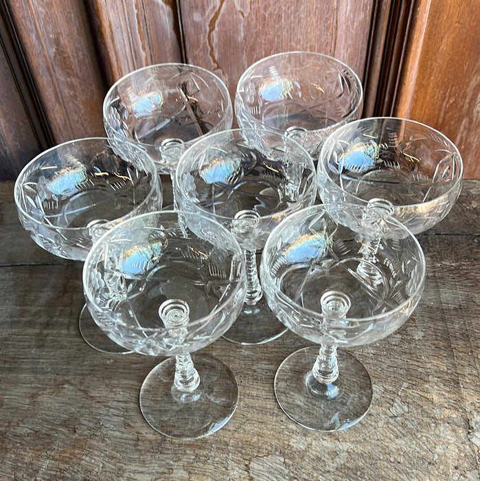 SET OF 7 CRYSTAL ETCHED CHAMPAGNE GLASSES