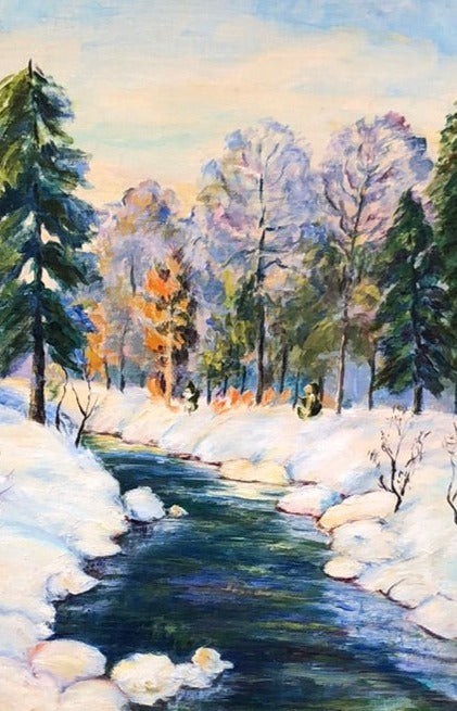 VERTICAL OIL PANITING OF A WINTER STREAM AND MOUNTAIN SCENE BY BOYD