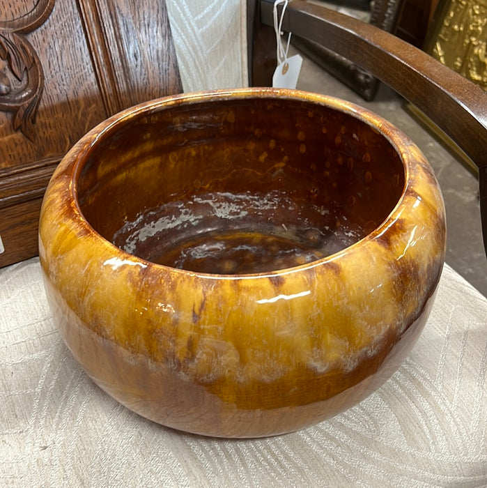 GOLDEN TONE GLAZED POTTERY ROUND LOW PLANTER
