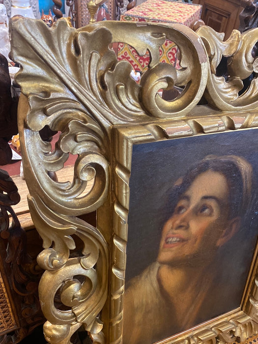 ORNATE PIERCE CARVED GOLD FRAME WITH EARLY PAINTING PORTRAIT AFTER MURILLO