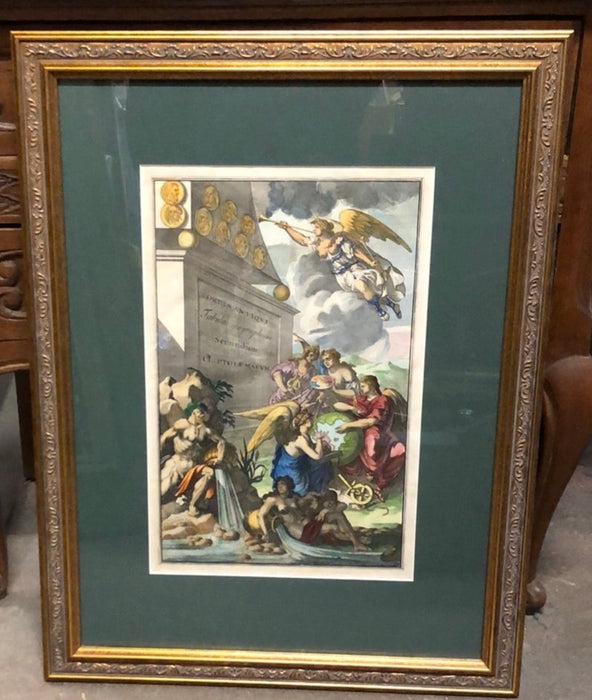 FRAMED HAND COLORED ENGRAVING WITH ANGELS