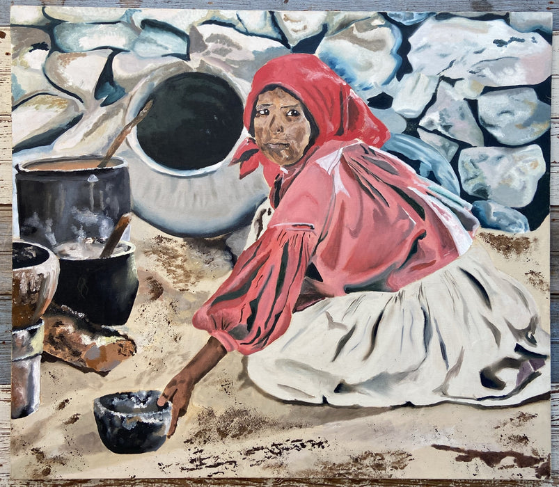 19TH CENTURY SOUTHWESTERN SCENE PAINTING OF LADY COOKING DINNER