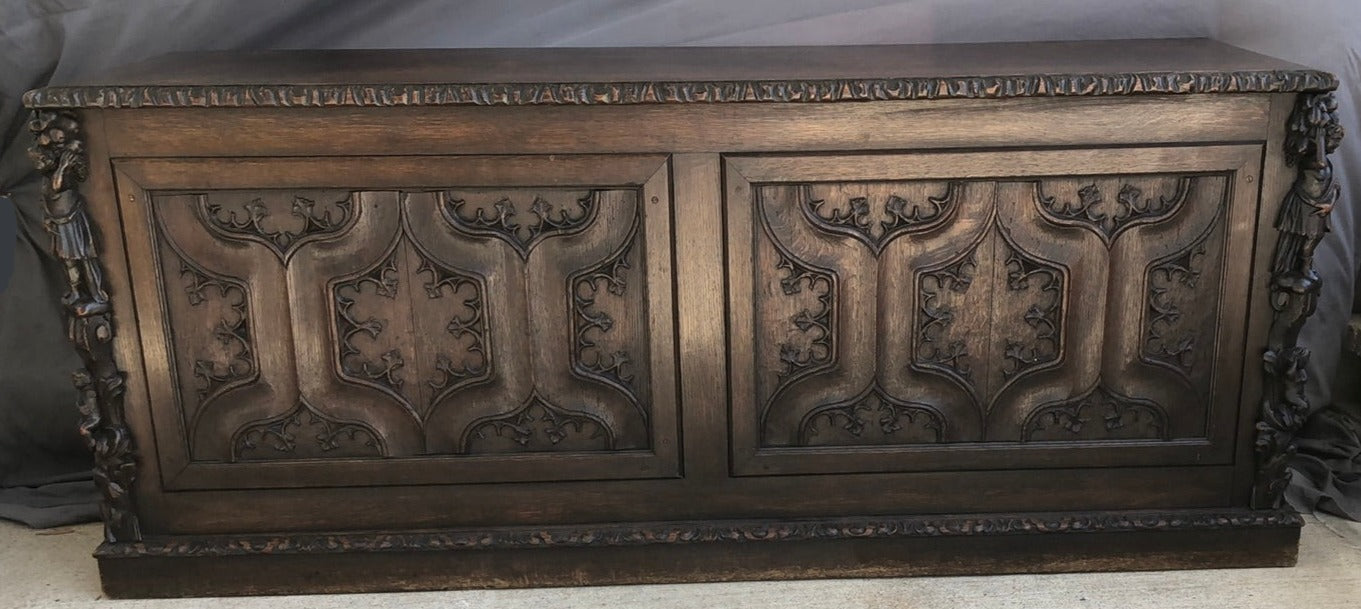 LARGE DARK OAK GOTHIC COFFER