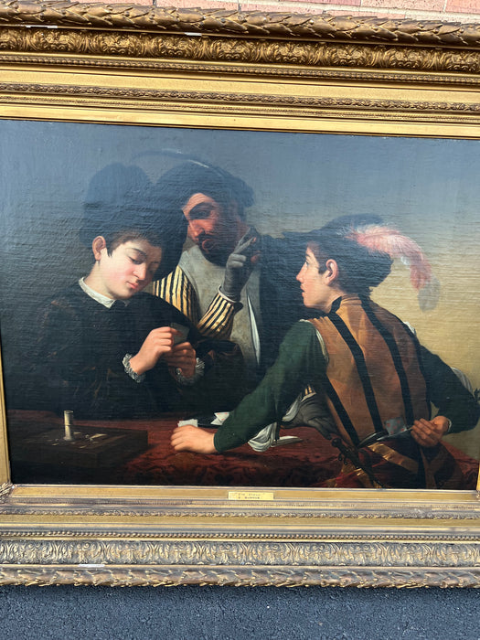 HUGE ORNATE GILT FRAMED OIL PAINTING ON CANVAS BY E. BURROS " THE CARD CHEAT"