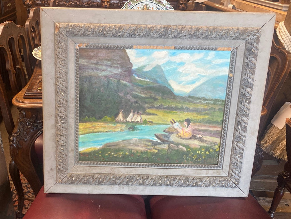 19TH CENTURY FRAME WITH PRIMITIVE OIL PAINTING OF INDIAN BY RIVER