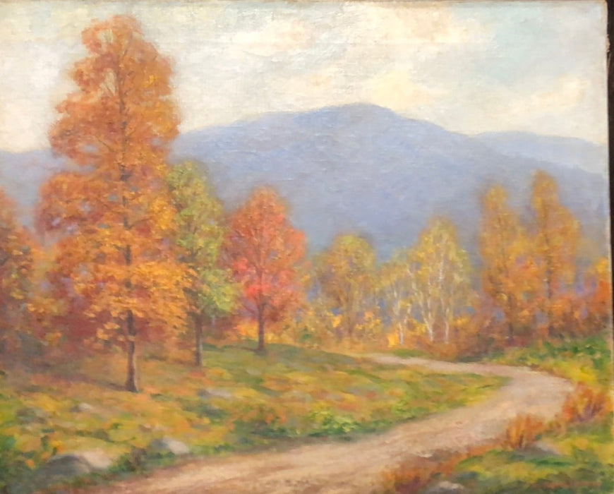 FRAMED AUTUMN ROAD WITH MOUNTAINS OIL PAINTING  ON CANVAS