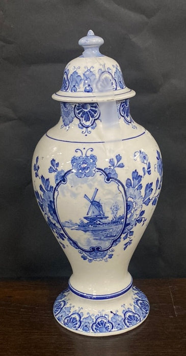 SMALL LIDDED FLORAL DELFT FLARED BASE URN WITH WINDMILL