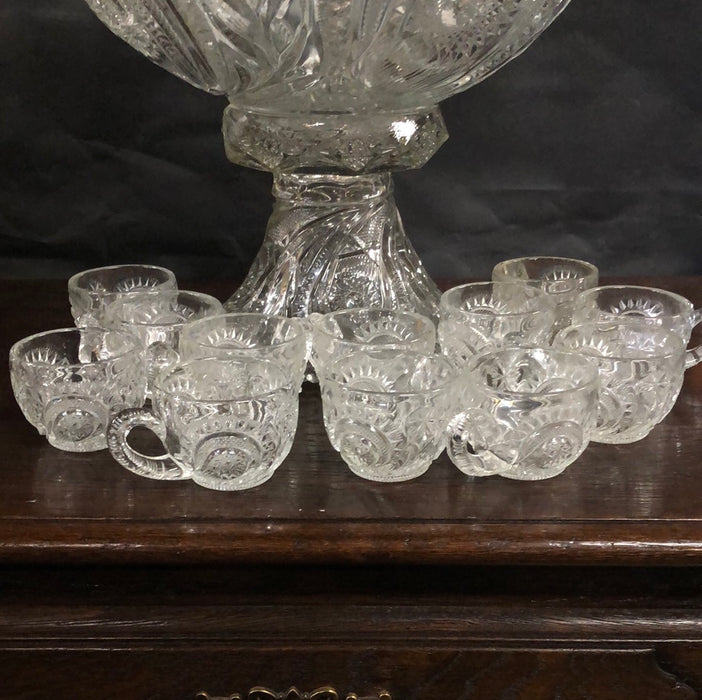LARGE PRESS GLASS PUNCH BOWL ON STAND WITH 12 CUPS
