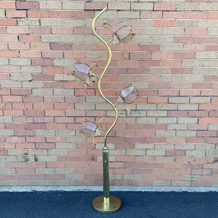 VINTAGE PINK AND BRASS LOTUS FLOWER FLOOR LAMP