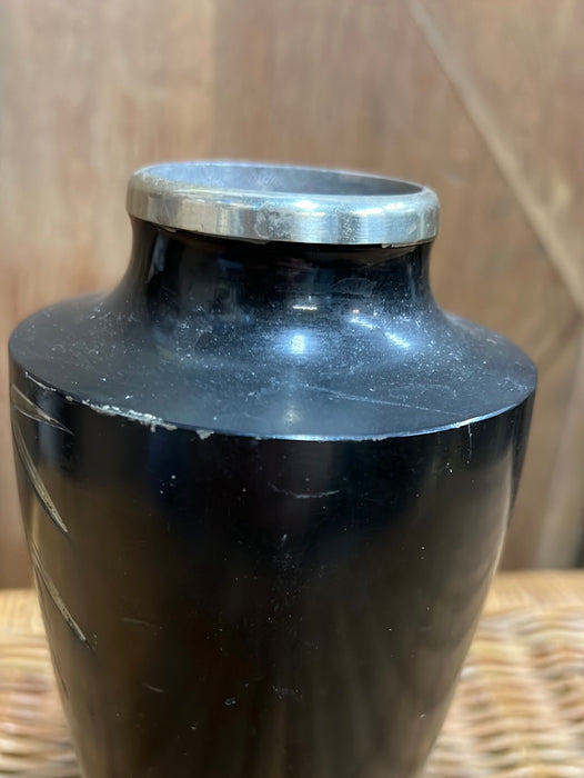 ETCHED METAL BLACK AND SILVER VASE WITH BIRD AND BAMBOO DESIGN