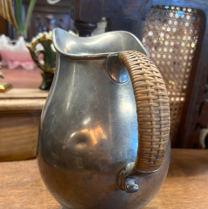 PEWTER PITCHER WITH RATTAN HANDLE