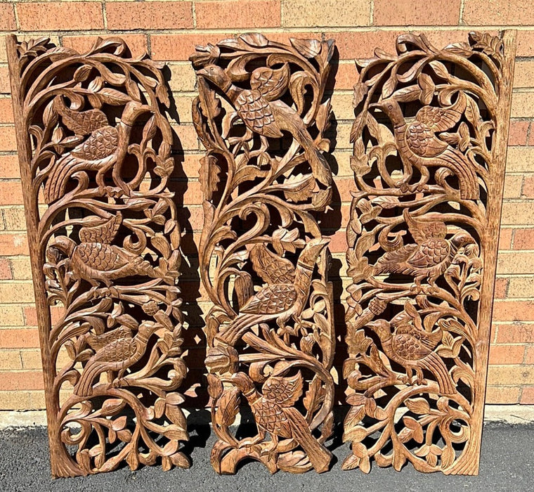 SET OF 3 LARGE ORNATELY CARVED WOOD PANELS WITH BIRDS